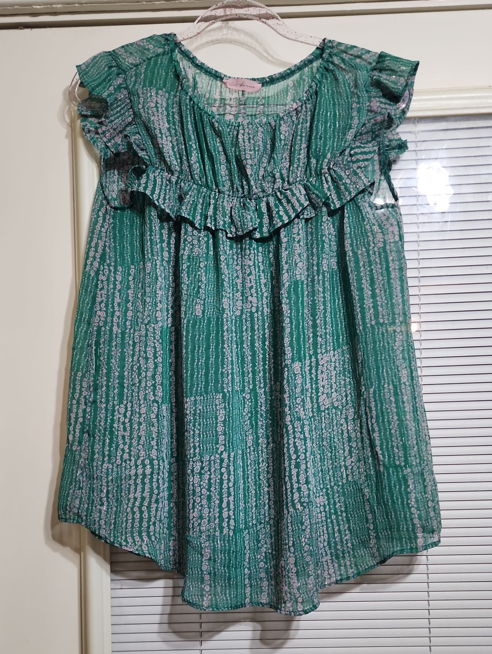 Ces Femme Teal Green Printed Ruffle Yoke Blouse